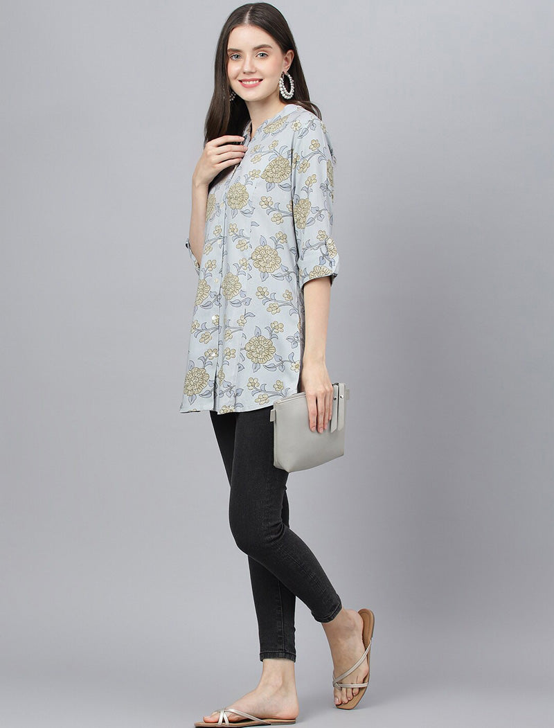 Blue Floral Print Mandarin Collar Roll-Up Sleeves Shirt Style Longline Top For Women