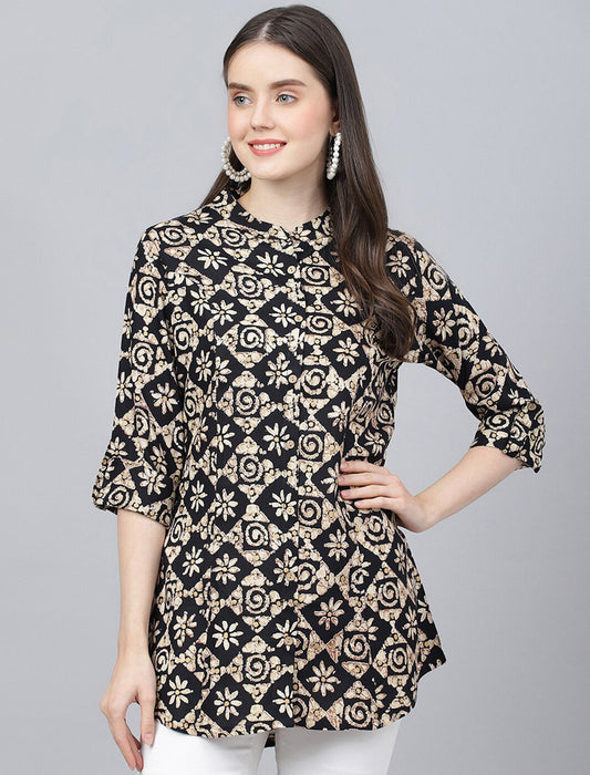 Black Printed Mandarin Collar Roll-Up Sleeves Shirt Style Top For Women