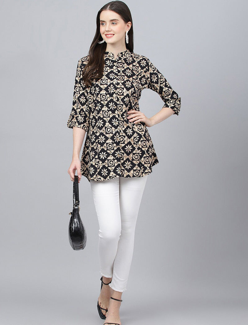 Black Printed Mandarin Collar Roll-Up Sleeves Shirt Style Top For Women