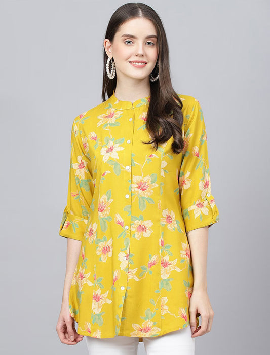 Yellow Floral Printed Mandarin Collar Roll-Up Sleeves Shirt Style Top For Women