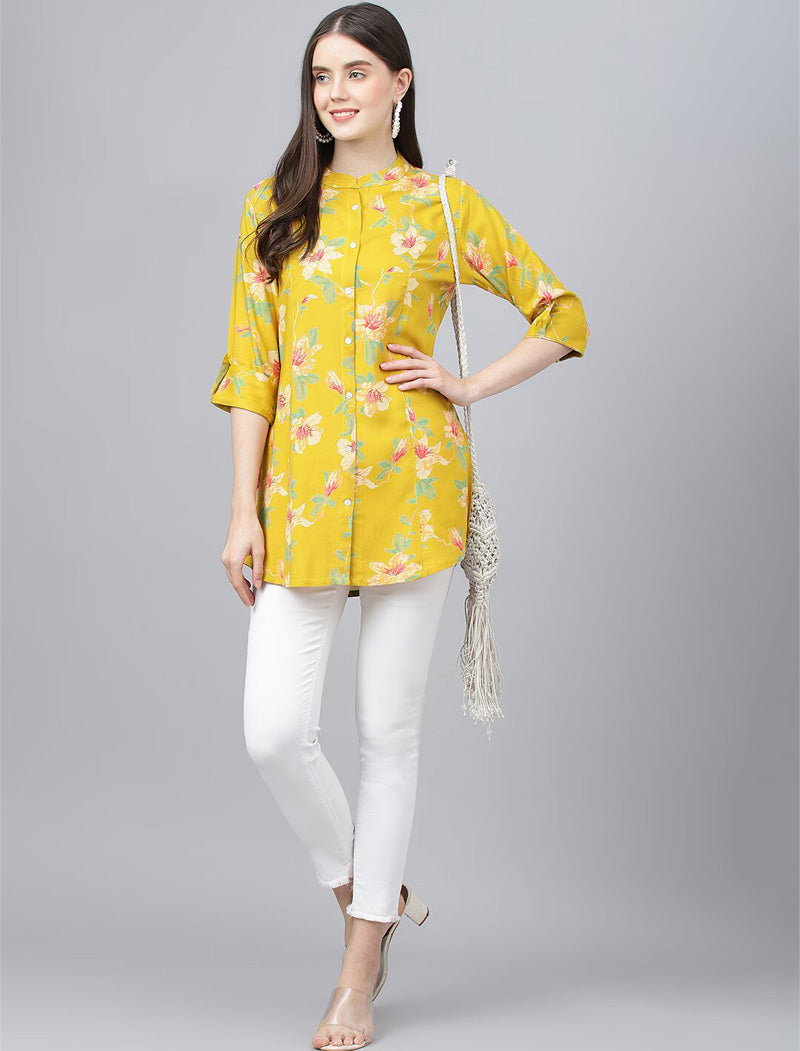 Yellow Floral Printed Mandarin Collar Roll-Up Sleeves Shirt Style Top For Women