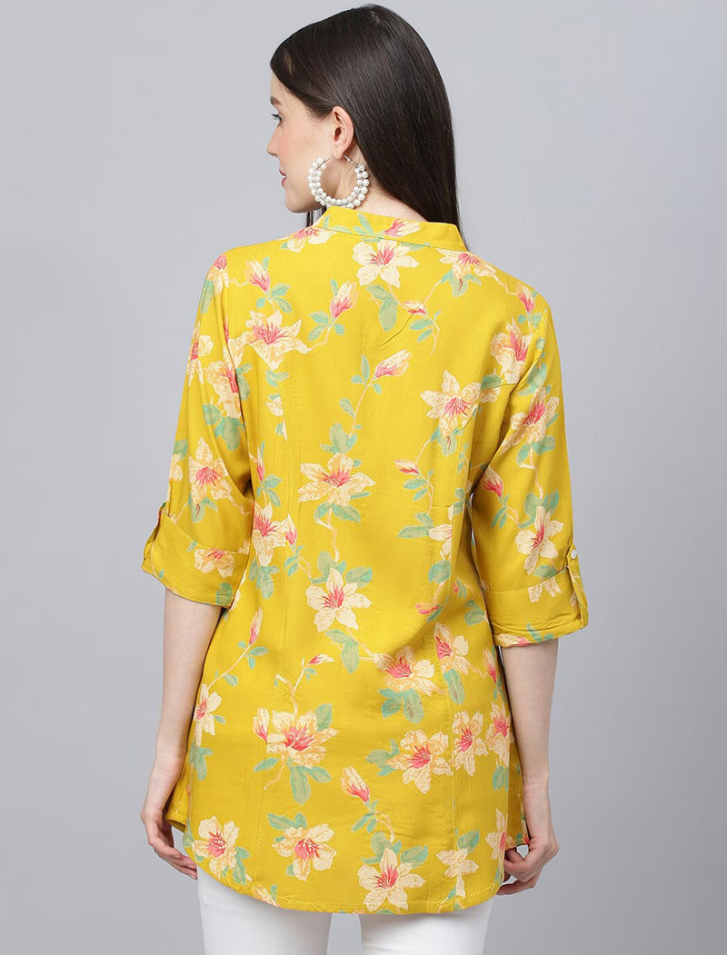 Yellow Floral Printed Mandarin Collar Roll-Up Sleeves Shirt Style Top For Women