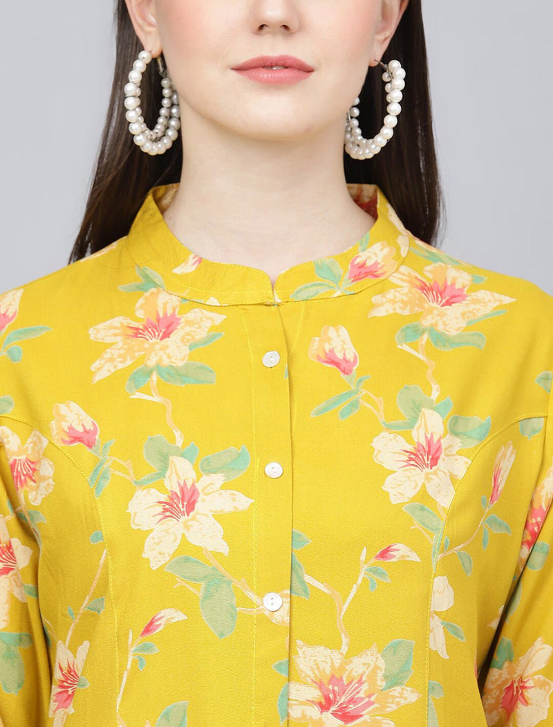 Yellow Floral Printed Mandarin Collar Roll-Up Sleeves Shirt Style Top For Women