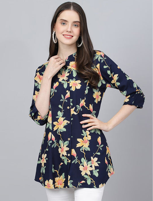 Navy Blue Floral Print Mandarin Collar Roll-Up Sleeves Shirt Style Longline Top For Women