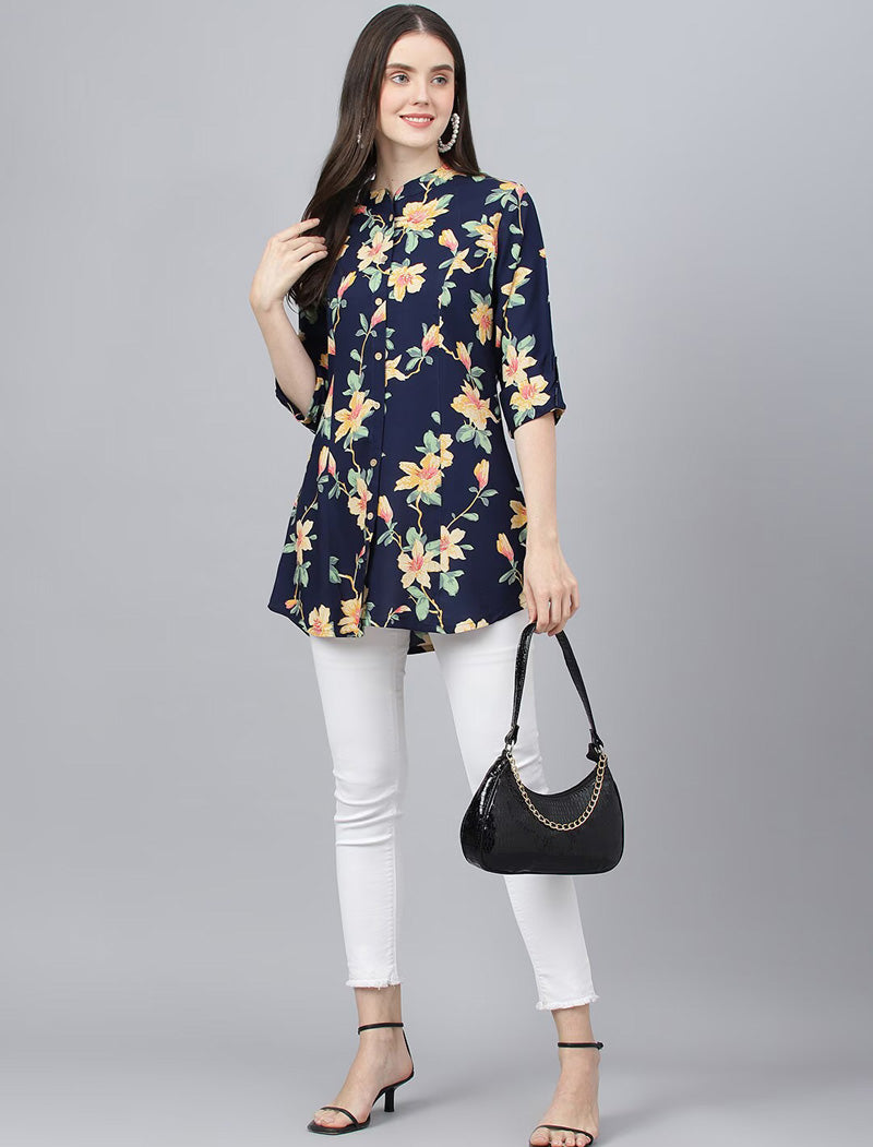 Navy Blue Floral Print Mandarin Collar Roll-Up Sleeves Shirt Style Longline Top For Women