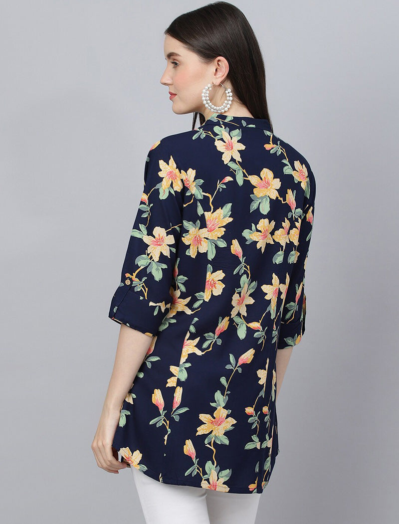 Navy Blue Floral Print Mandarin Collar Roll-Up Sleeves Shirt Style Longline Top For Women