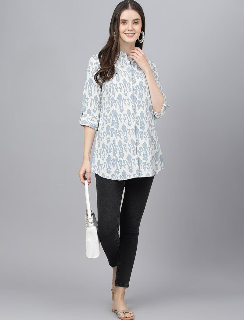 White Print Mandarin Collar Roll-Up Sleeves Shirt Style Longline Top For Women