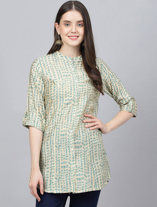 Beige Print Mandarin Collar Roll-Up Sleeves Shirt Style Longline Top For Women