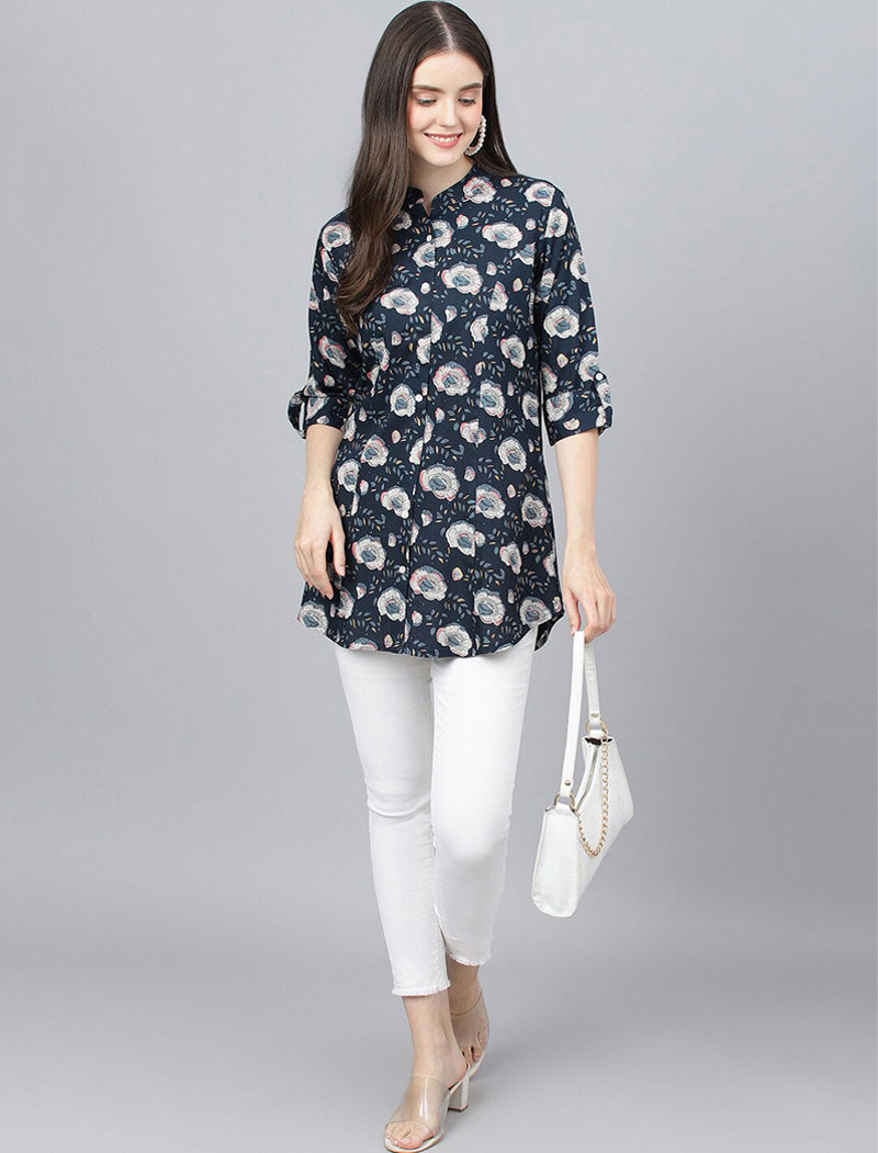 Blue Floral Printed Mandarin Collar Roll-Up Sleeves Shirt Style Longline Top For Women