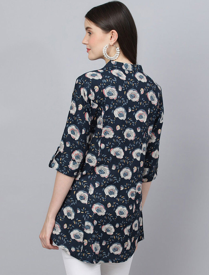 Blue Floral Printed Mandarin Collar Roll-Up Sleeves Shirt Style Longline Top For Women