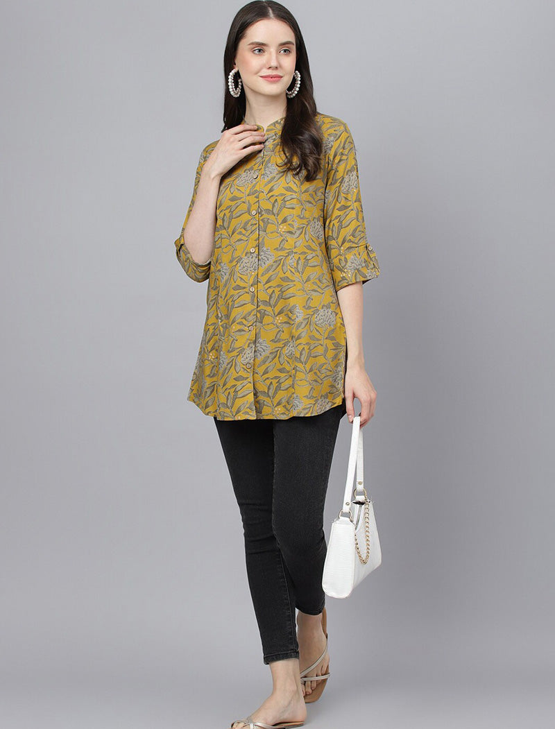 Mustard Yellow Floral Print Mandarin Collar Shirt Style Longline Top For Women