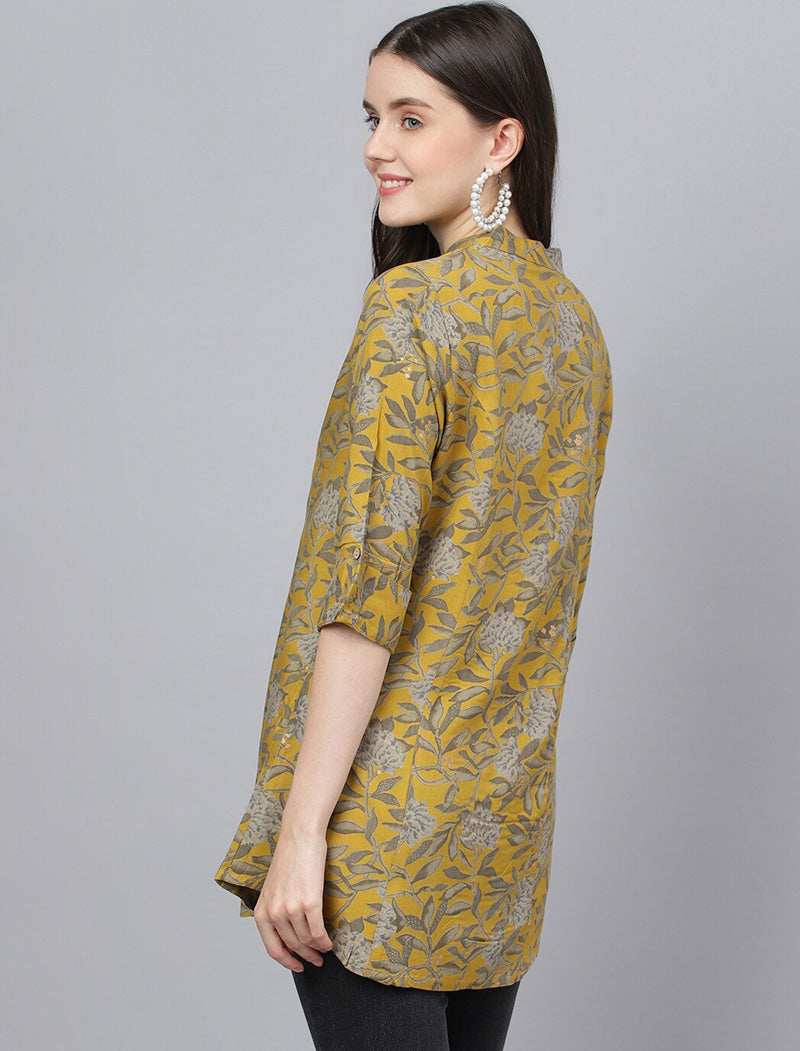 Mustard Yellow Floral Print Mandarin Collar Shirt Style Longline Top For Women