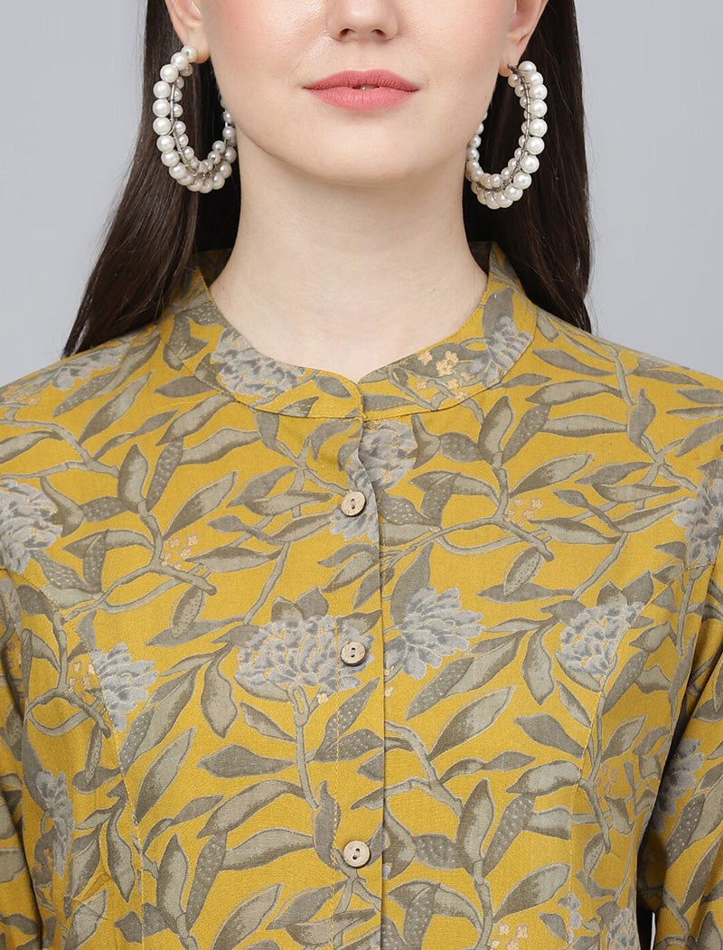 Mustard Yellow Floral Print Mandarin Collar Shirt Style Longline Top For Women