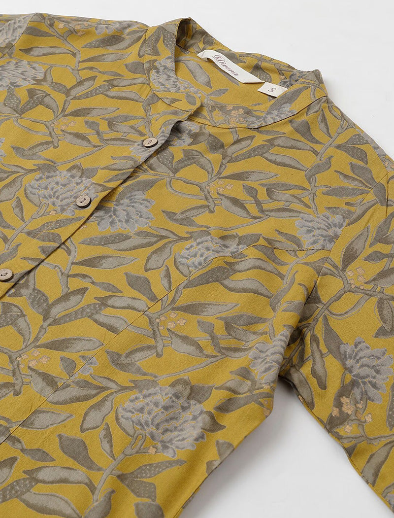 Mustard Yellow Floral Print Mandarin Collar Shirt Style Longline Top For Women