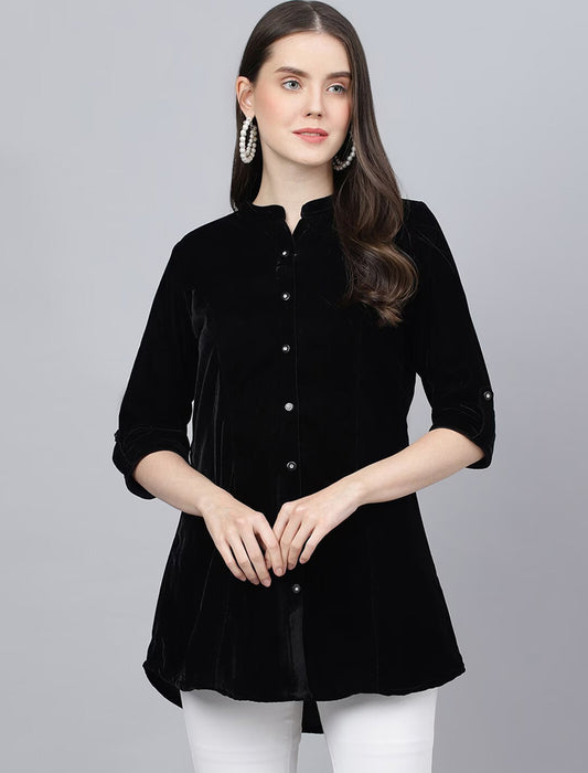 Black Mandarin Collar Roll-Up Sleeves Velvet Top For Women
