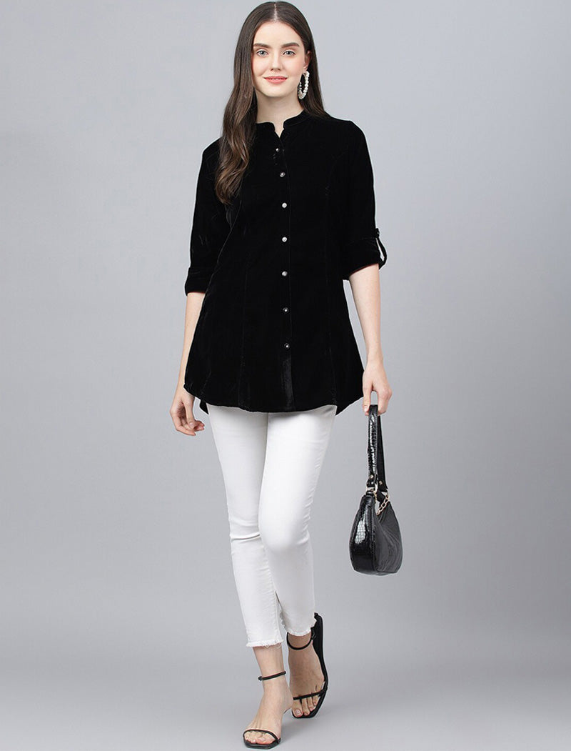 Black Mandarin Collar Roll-Up Sleeves Velvet Top For Women