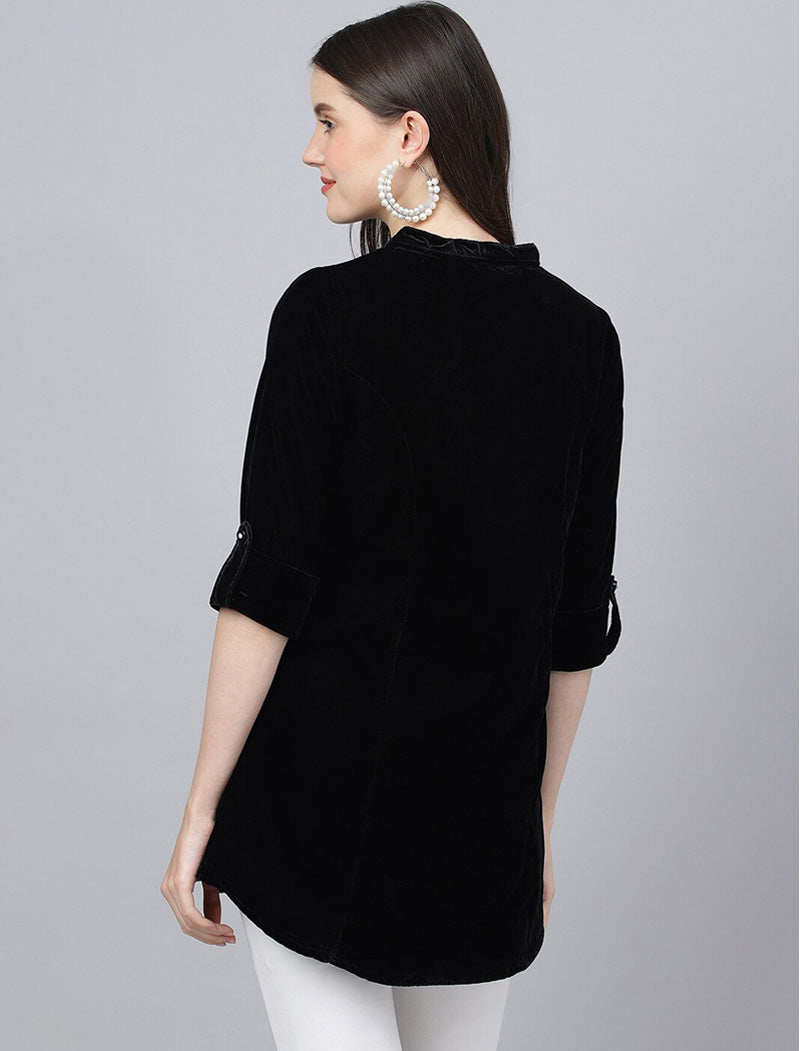 Black Mandarin Collar Roll-Up Sleeves Velvet Top For Women