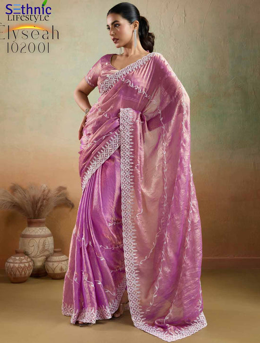 Ethnic Velvet Chiffon Tensile Thread & Sequins Embroidery Saree