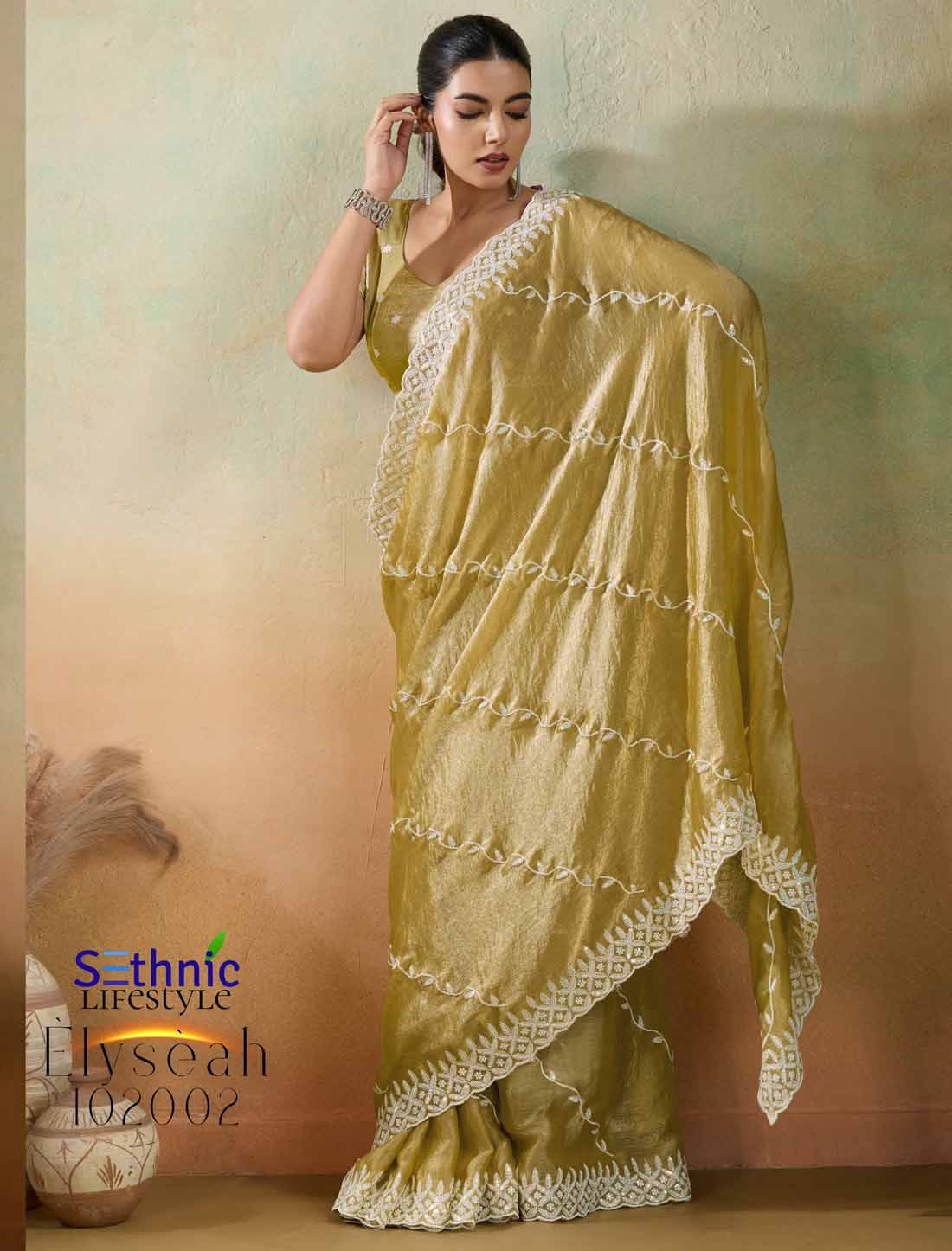 Velvet Chiffon Tensile Thread & Sequins Ethnic Embroidery Saree