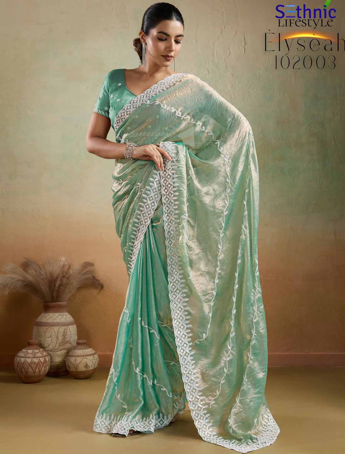 Velvet Chiffon Tensile Ethnic Thread & Sequins Embroidery Saree
