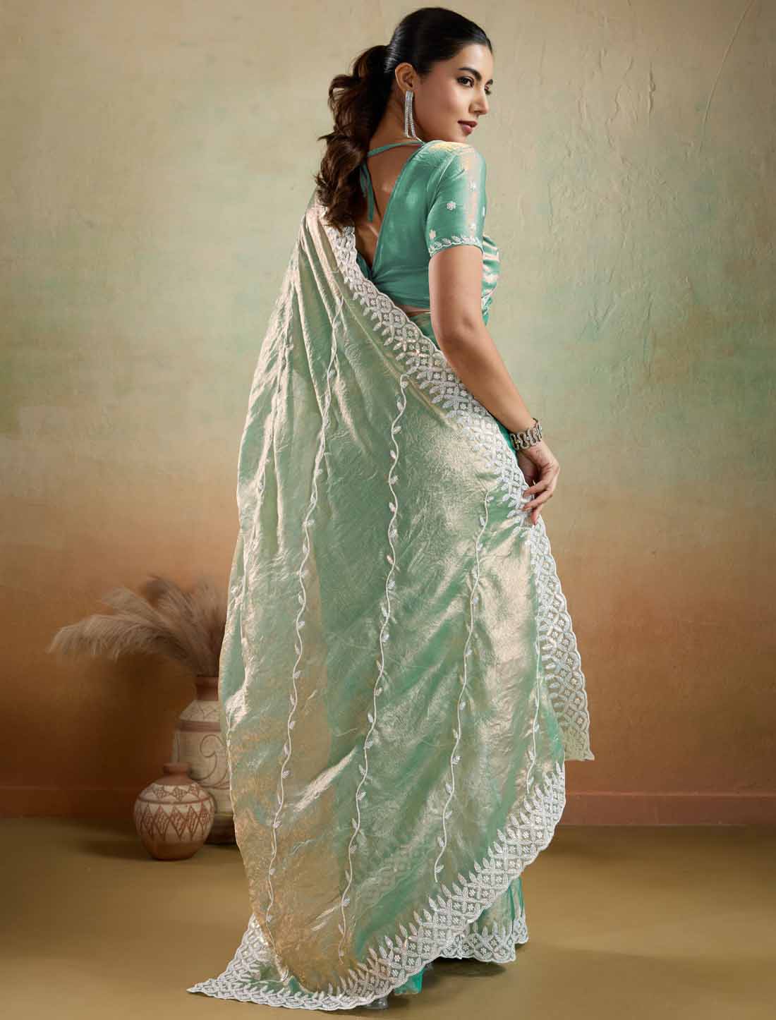 Velvet Chiffon Tensile Ethnic Thread & Sequins Embroidery Saree