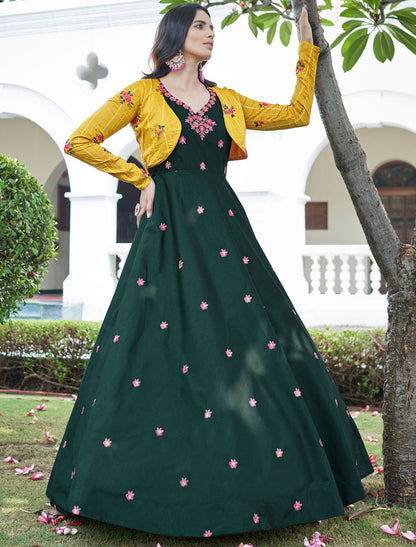 Green And Yellow Cotton Semi Stitched Wedding Women Anarkali Gown With Sequince Embroidered Work