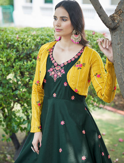 Green And Yellow Cotton Semi Stitched Wedding Women Anarkali Gown With Sequince Embroidered Work