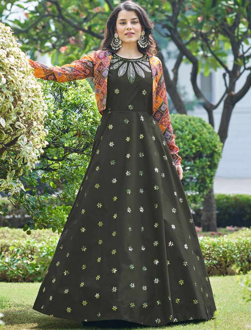 Olive Cotton Women Semi Stitched Ethnic Wedding Anarkali Gown And Koti With Silk Crepe Inner An Sequince Embroidered Work