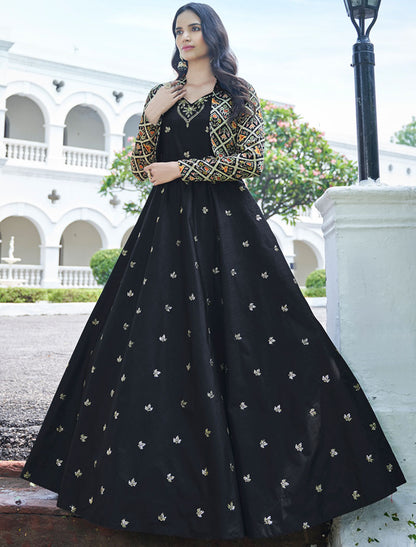 Black Cotton Semi Stitched Ethnic Anarkali Gown For Women And Koti With Silk Crepe Inner An Sequince Embroidered Work