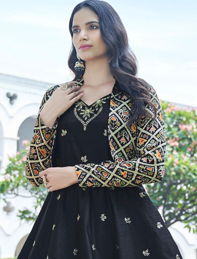 Black Cotton Semi Stitched Ethnic Anarkali Gown For Women And Koti With Silk Crepe Inner An Sequince Embroidered Work