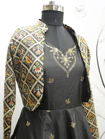 Black Cotton Semi Stitched Ethnic Anarkali Gown For Women And Koti With Silk Crepe Inner An Sequince Embroidered Work
