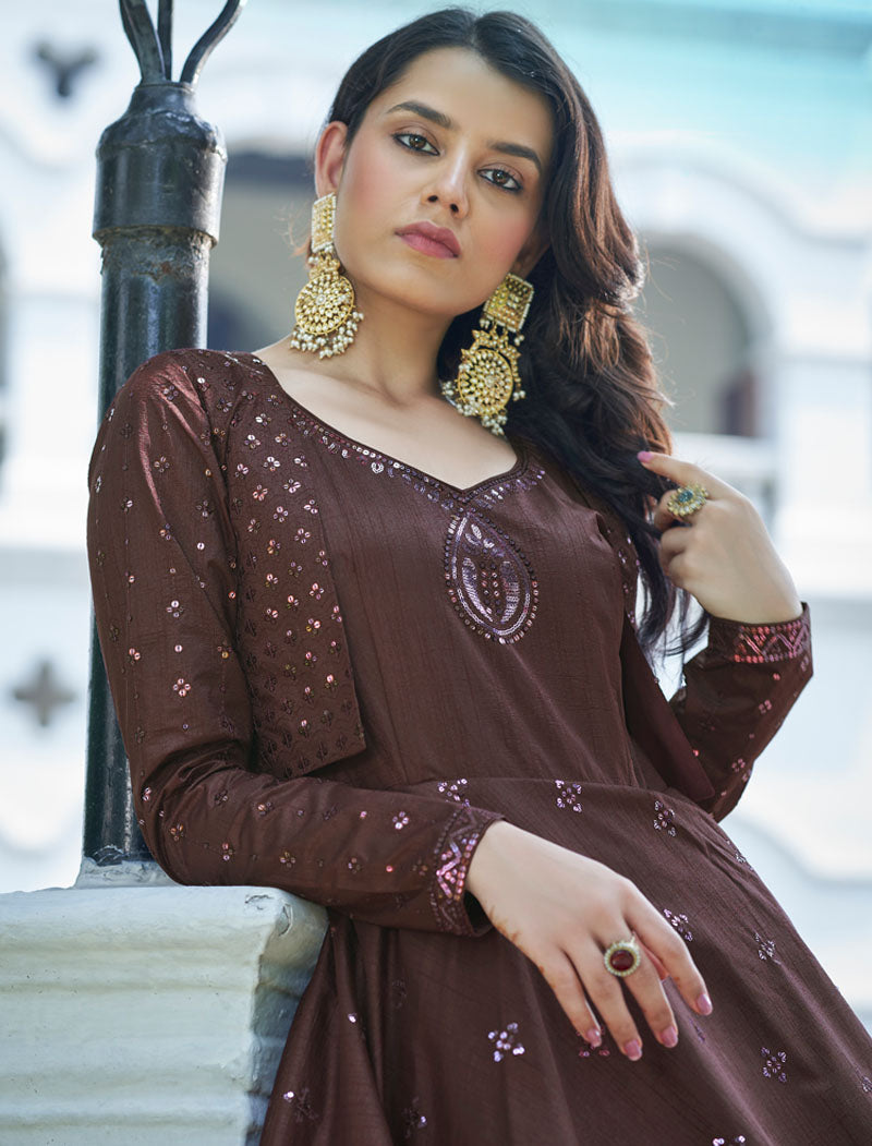 Maroon And Maroon Pure Cotton Gown And Koti With Silk Crepe Inner An Sequince Embroidered Work Semi Stitched Anarkali Gown Set