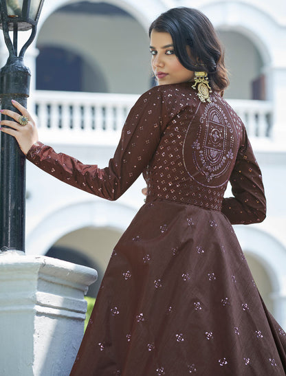 Maroon Cotton Semi Stitched Women Party Wear Anarkali Gown with Koti & Silk Crepe Inner & Sequince Embroidered Work