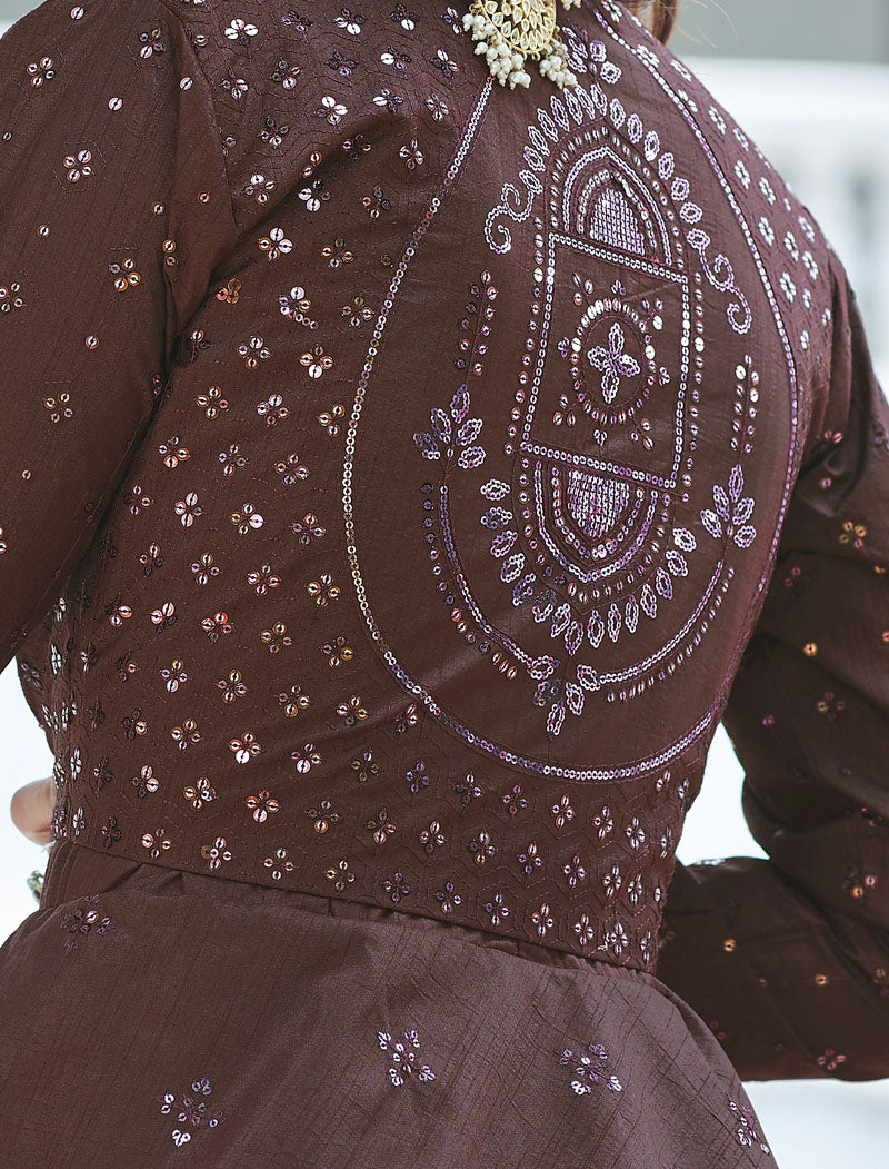 Maroon And Maroon Pure Cotton Gown And Koti With Silk Crepe Inner An Sequince Embroidered Work Semi Stitched Anarkali Gown Set