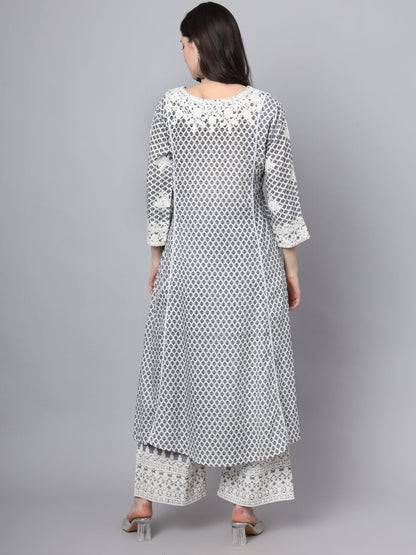 White Blue Motif Print Rayon Kurta Palazzo Sets for Women