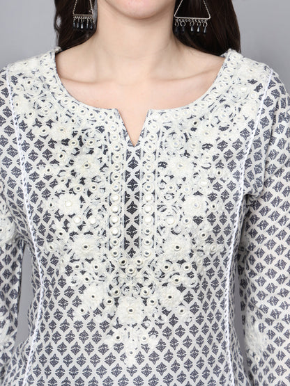 White Blue Motif Print Rayon Kurta Palazzo Sets for Women