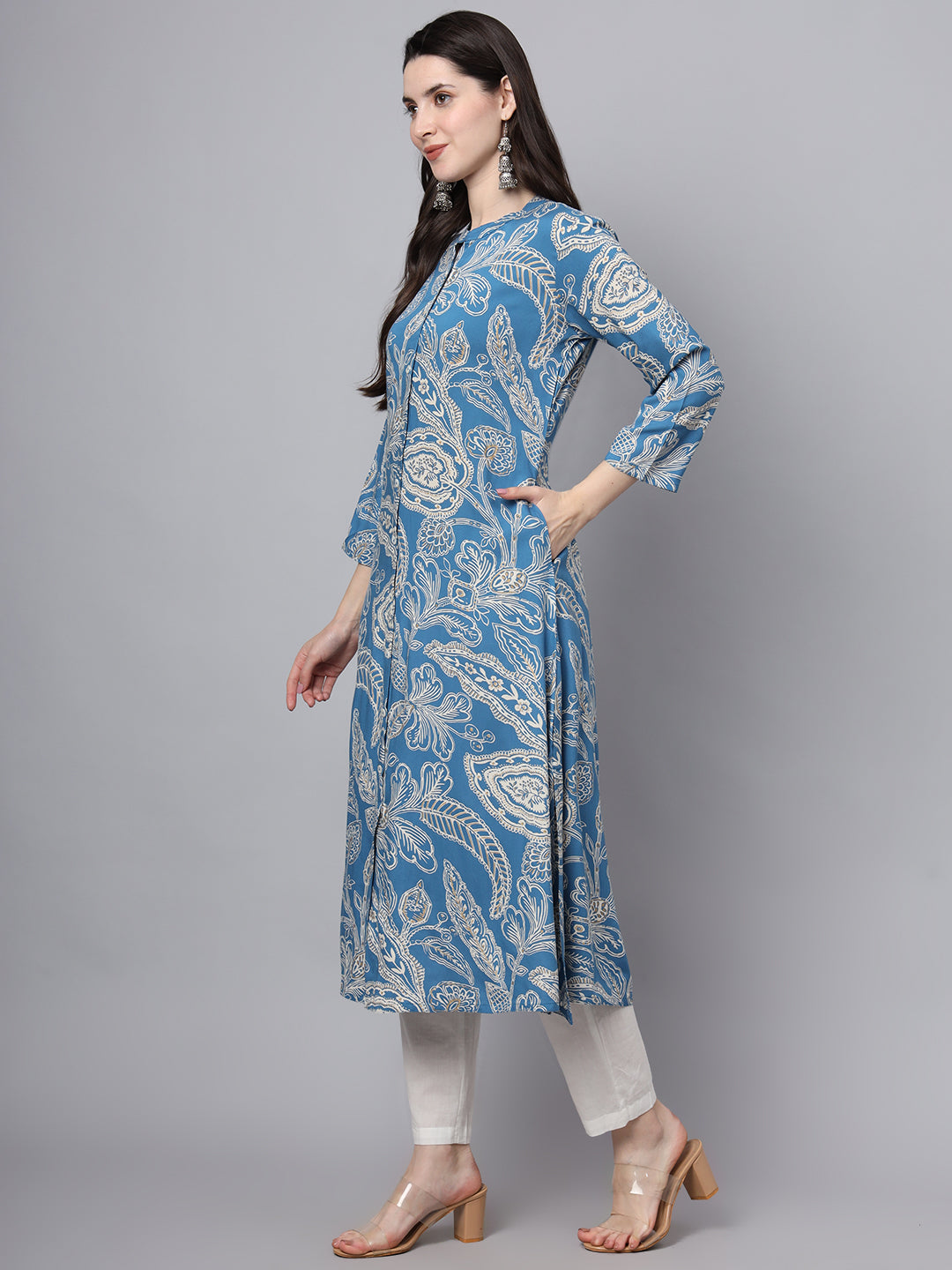 BeFashionate Blue Rayon Printed-A-Line Kurta