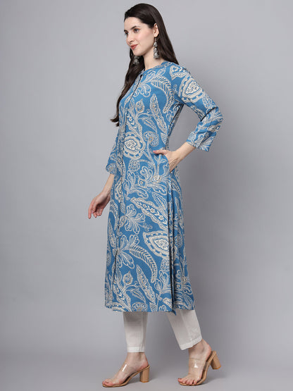 BeFashionate Blue Rayon Printed-A-Line Kurta