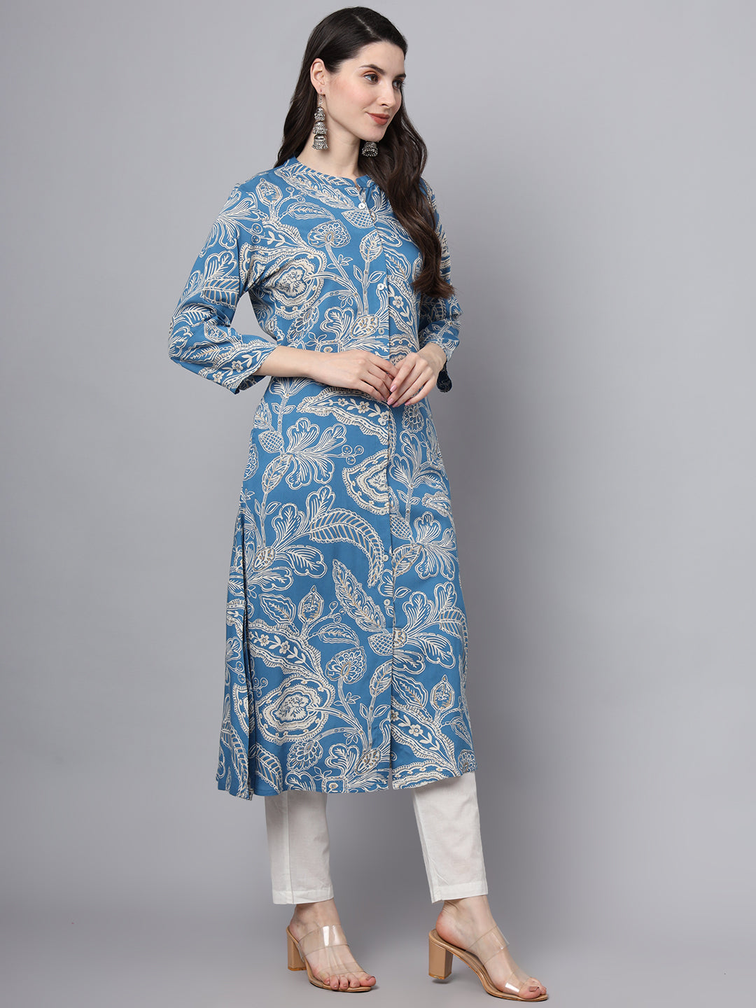 BeFashionate Blue Rayon Printed-A-Line Kurta