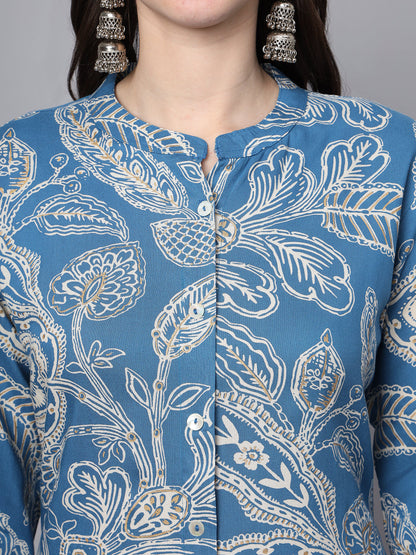 BeFashionate Blue Rayon Printed-A-Line Kurta