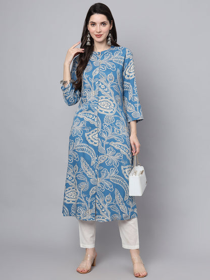BeFashionate Blue Rayon Printed-A-Line Kurta