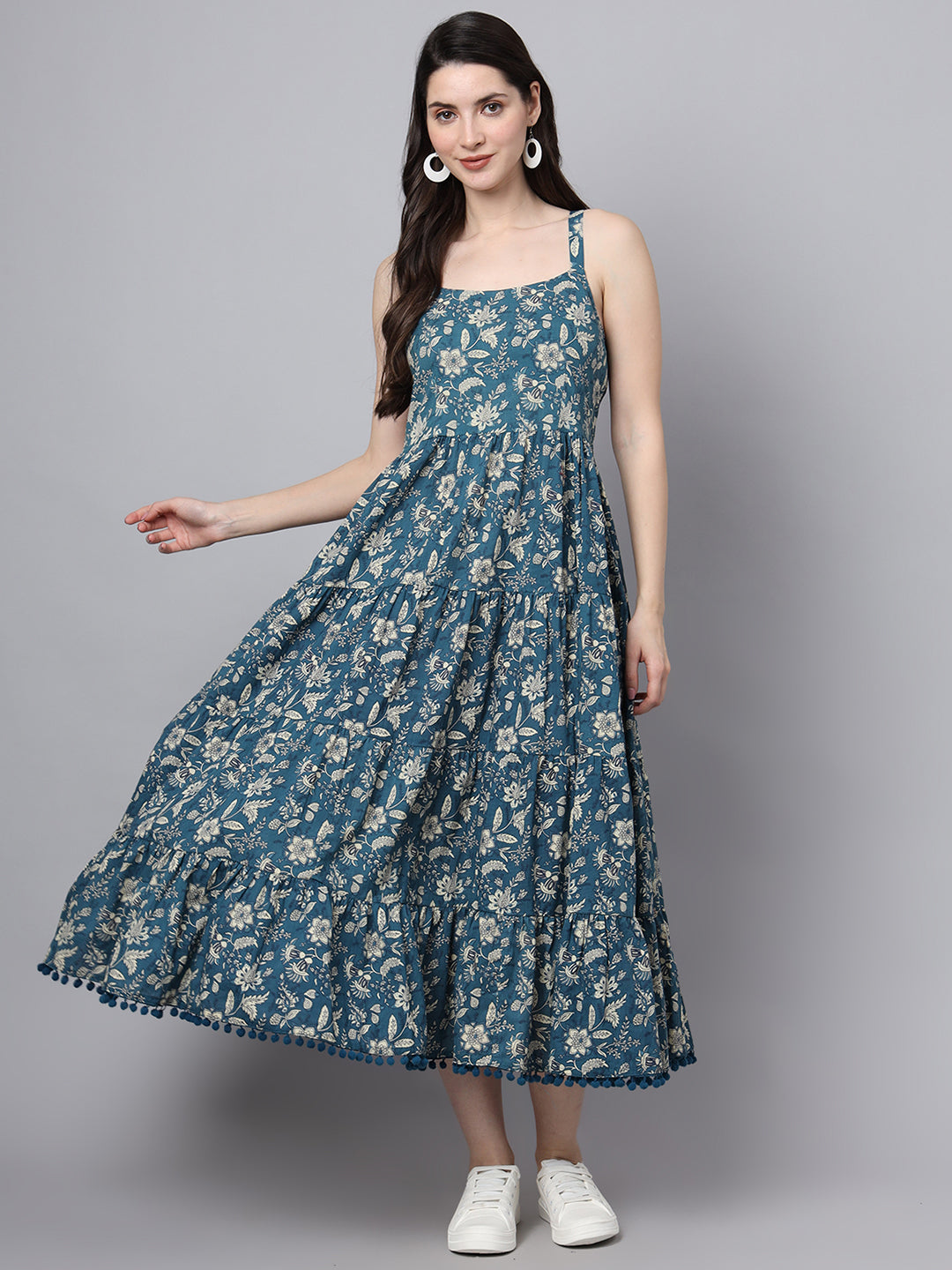 Floral Printed Shoulder Straps Cotton Flared Dress
