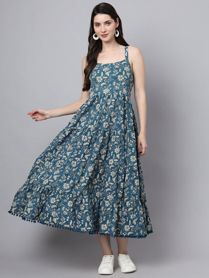 Floral Printed Shoulder Straps Cotton Flared Dress