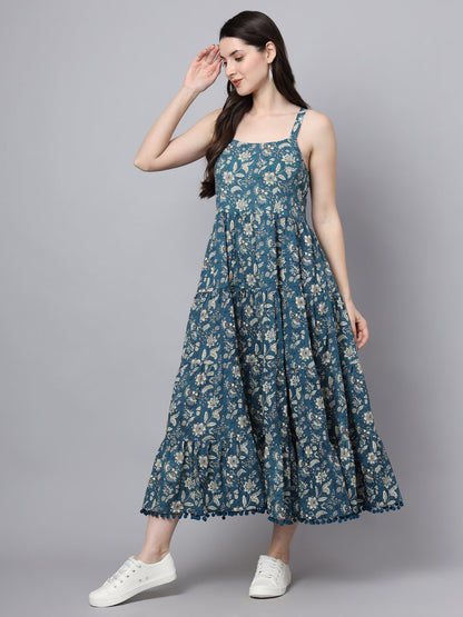 Floral Printed Shoulder Straps Cotton Flared Dress