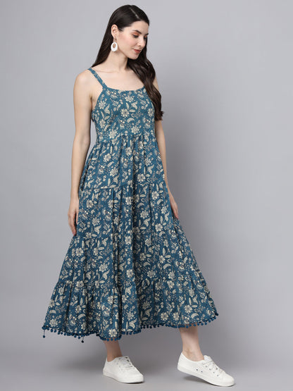 Floral Printed Shoulder Straps Cotton Flared Dress