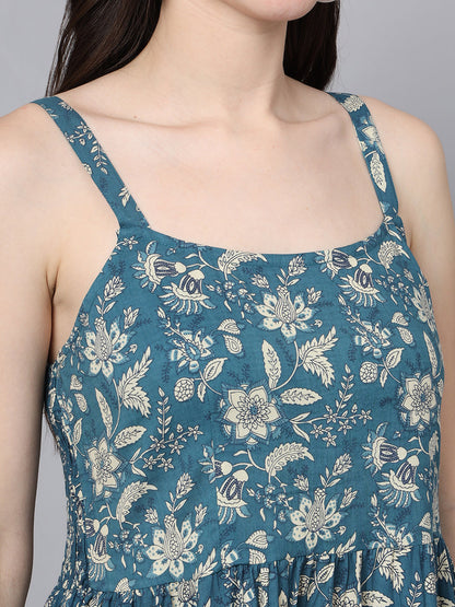 Floral Printed Shoulder Straps Cotton Flared Dress