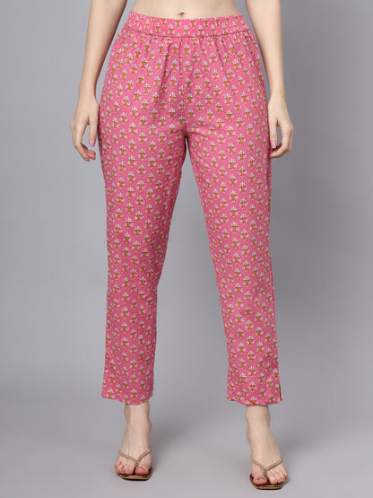 Pink Cotton Printed Sequin Work Kurta Set