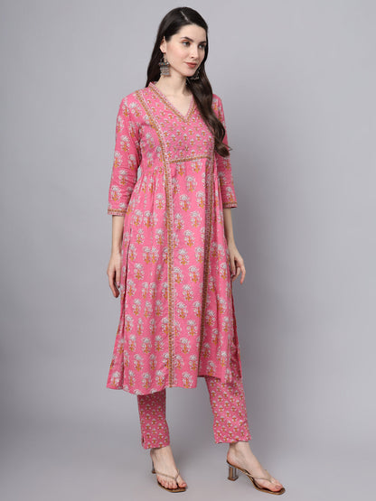Pink Cotton Printed Sequin Work Kurta Set