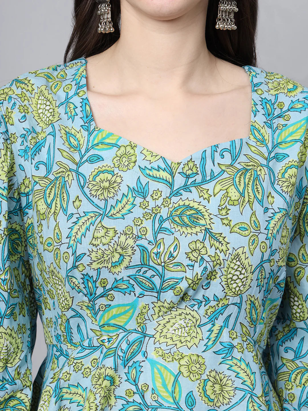 Sky Blue Cotton Ethnic Floral Print Anarkali Kurta Sets
