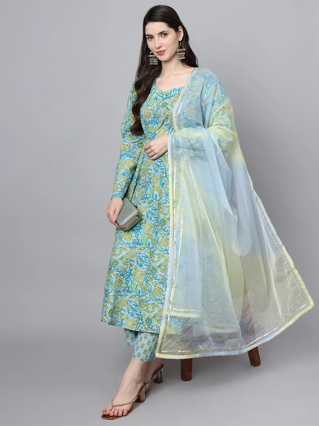 Sky Blue Cotton Ethnic Floral Print Anarkali Kurta Sets